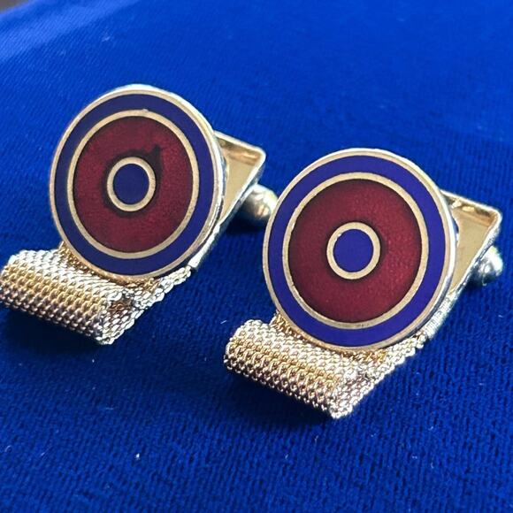 Vintage Blue and Red Bullseye Gold Tone Mesh Wrap Around Cufflinks - Picture 3 of 13